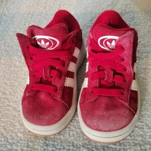 Adidas Kids Red Suede Sneakers with White Stripes